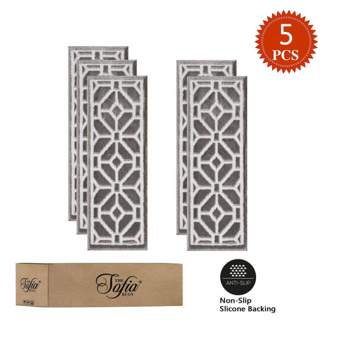 Ophelia  Gray/White  Authentic Turkish Premium Quality Stair Rugs - Medium Pile - Machine Washable Indoor Carpet Stair Treads-Multi Pack Sets With TPE Backing